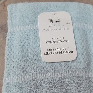 Set of 3 Madison Studio Kitchen Towels Light Blue White Cotton Waffle 18"x28"